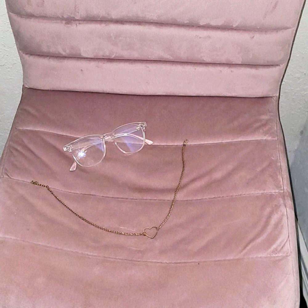 clear frame glasses and heart choker